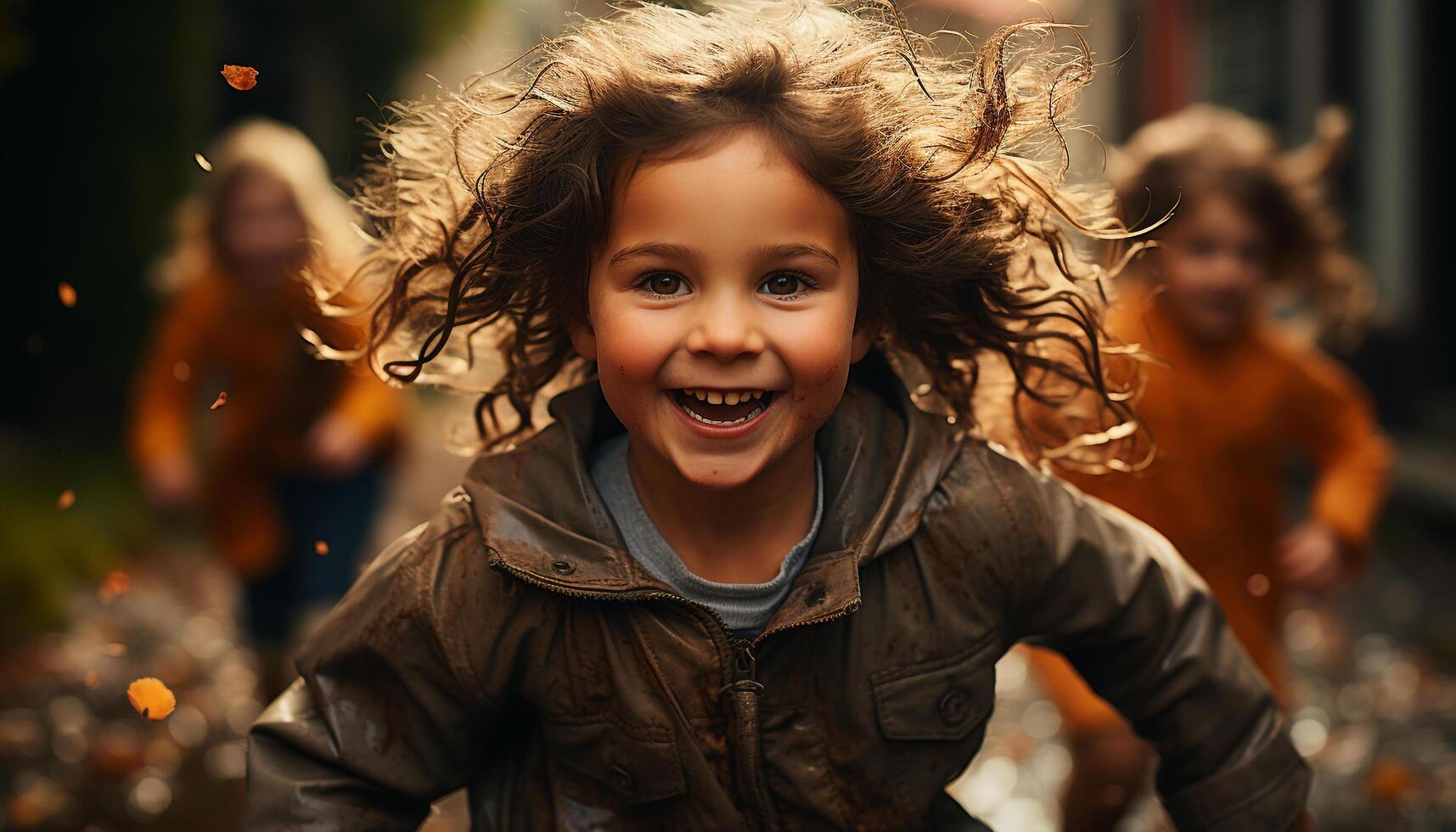 ai generato sorridente bambino gode giocoso natura, spensierato e allegro all'aperto generato di ai foto