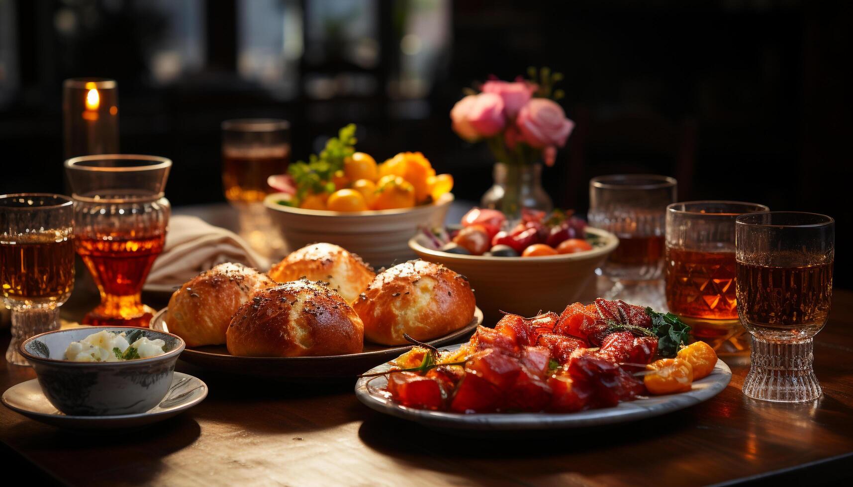 ai generato buongustaio pasto grigliato carne, fresco frutti di mare, e salutare Antipasti generato di ai foto