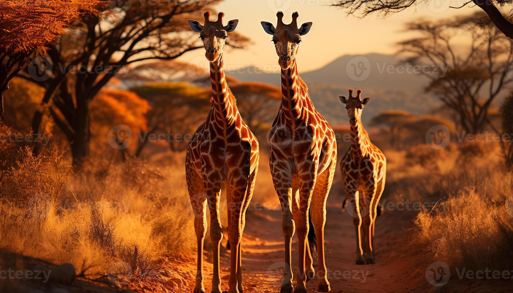 ai generato giraffa in piedi nel africano savana, guardare a telecamera, a tramonto generato di ai foto