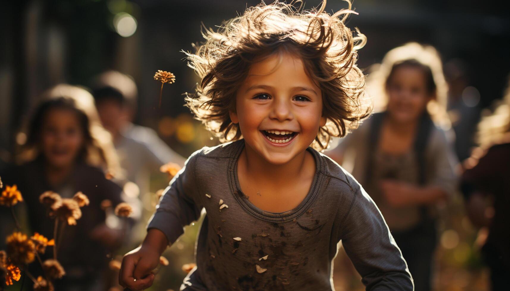ai generato sorridente bambini giocando all'aperto, godendo spensierato estate divertimento insieme generato di ai foto