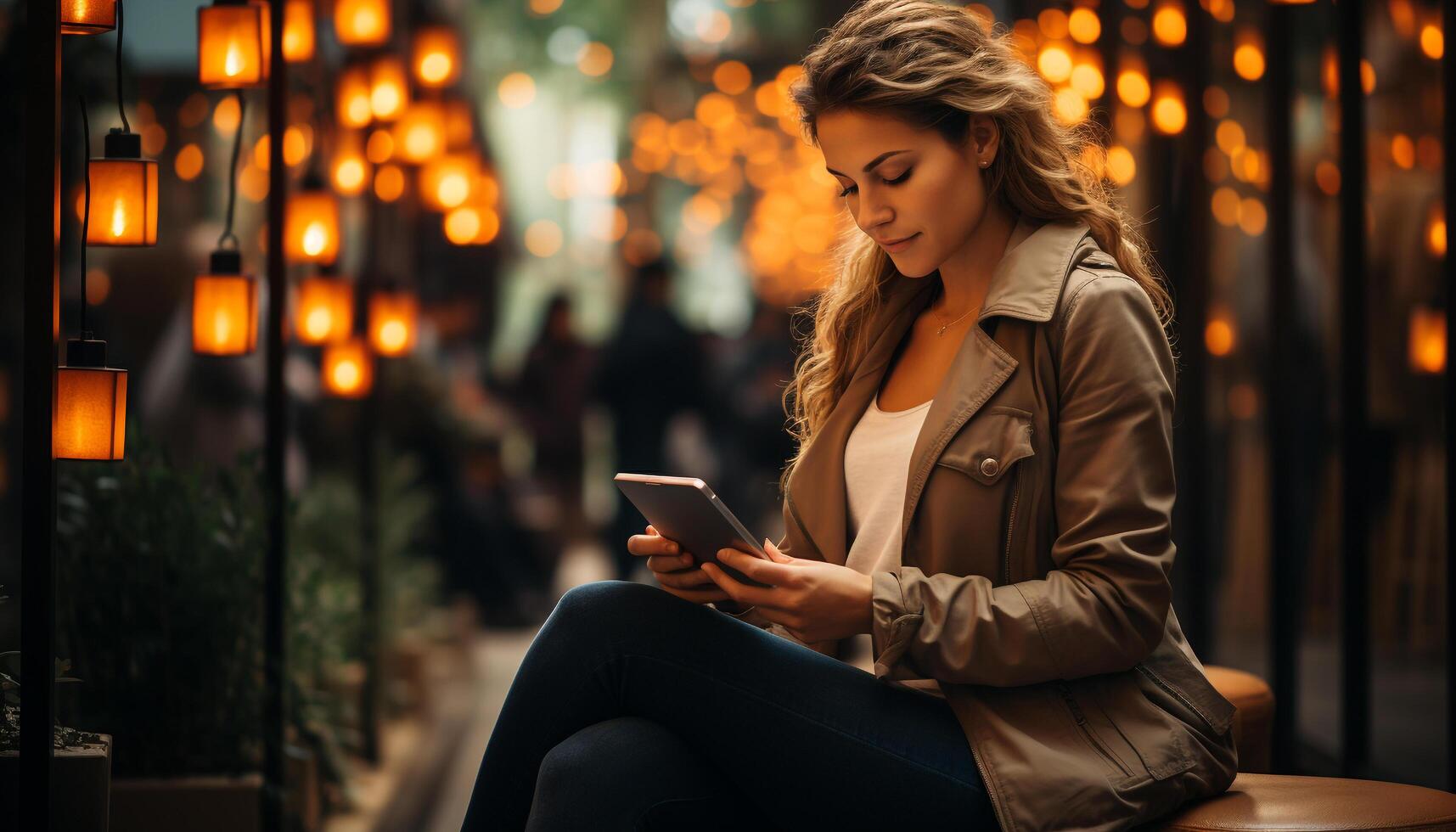 ai generato giovane donna seduta all'aperto, sorridente, utilizzando digitale tavoletta e mobile Telefono generato di ai foto