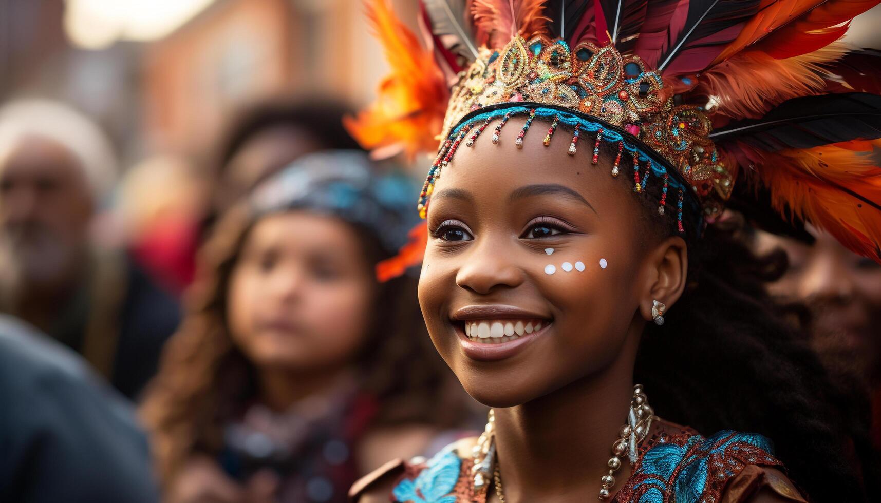 ai generato sorridente donne nel tradizionale capi di abbigliamento celebrare brasiliano cultura all'aperto generato di ai foto