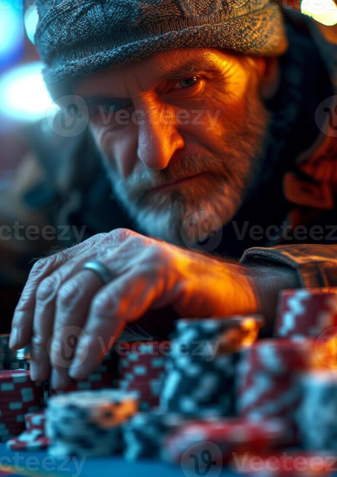 ai generato il casinò giocatore sbatte poker patatine fritte fuori uso. un' uomo impegnato nel un' gioco di poker a un' casinò tavolo, circondato di altro Giocatori e rivenditori. foto