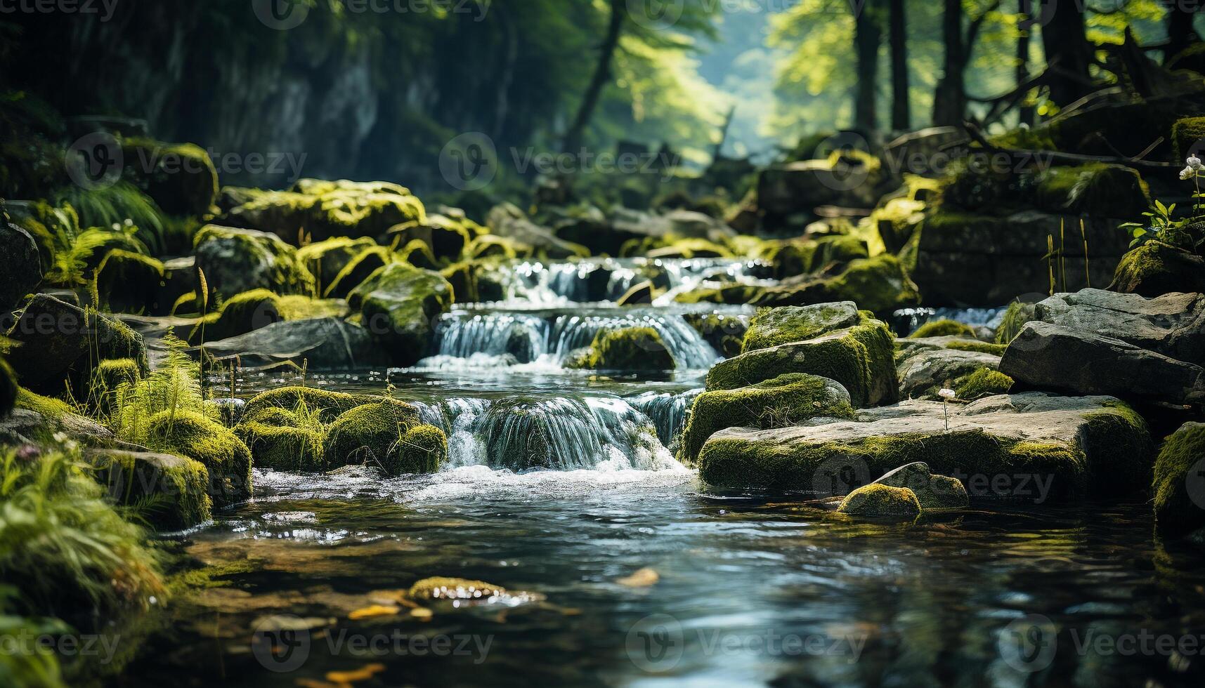 ai generato tranquillo scena fluente acqua, verde paesaggio, autunno foresta, sfocato movimento generato di ai foto