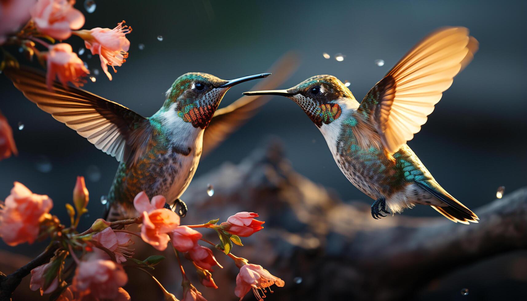 ai generato colibrì in bilico, diffusione Ali, impollinazione fiori nel vivace natura generato di ai foto