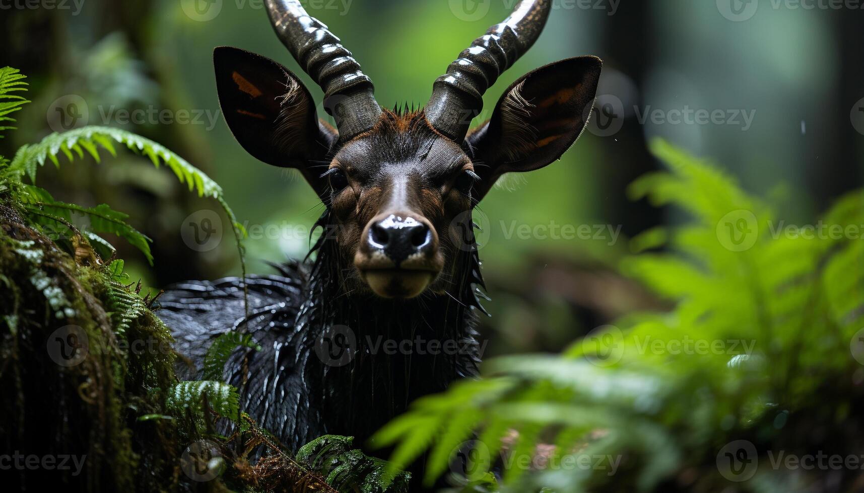 ai generato carino capra guardare a telecamera nel verde tropicale foresta generato di ai foto