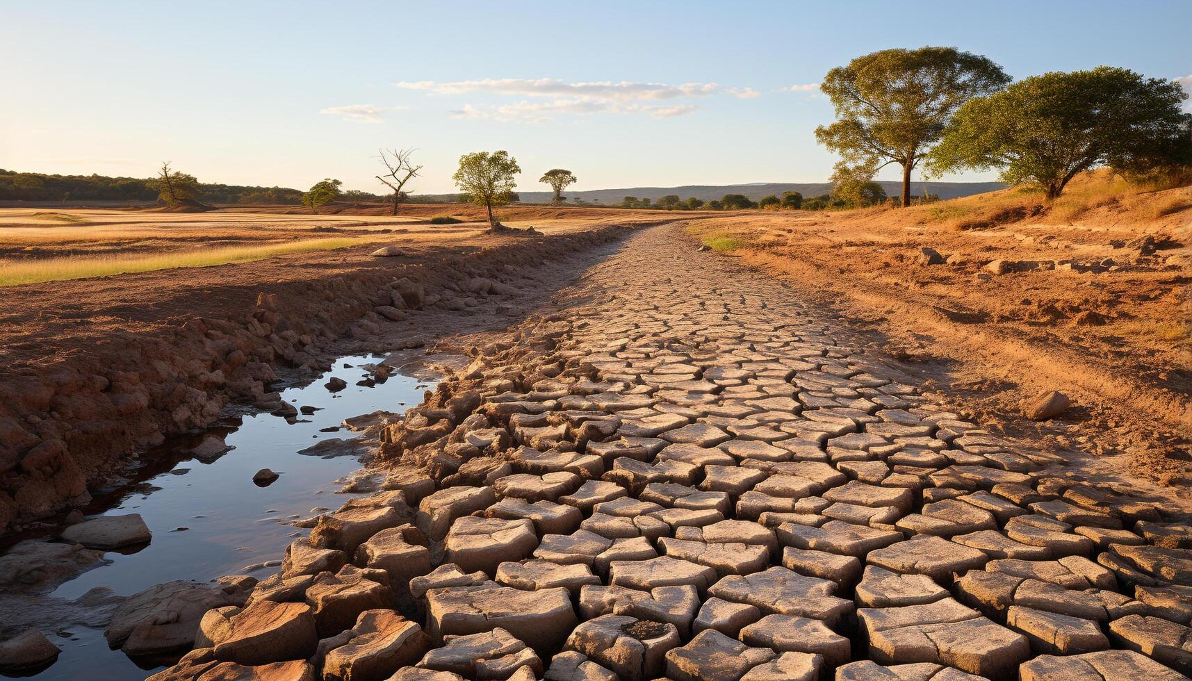 ai generato tranquillo tramonto al di sopra di arido africano paesaggio, asciutto sporco e polvere generato di ai foto