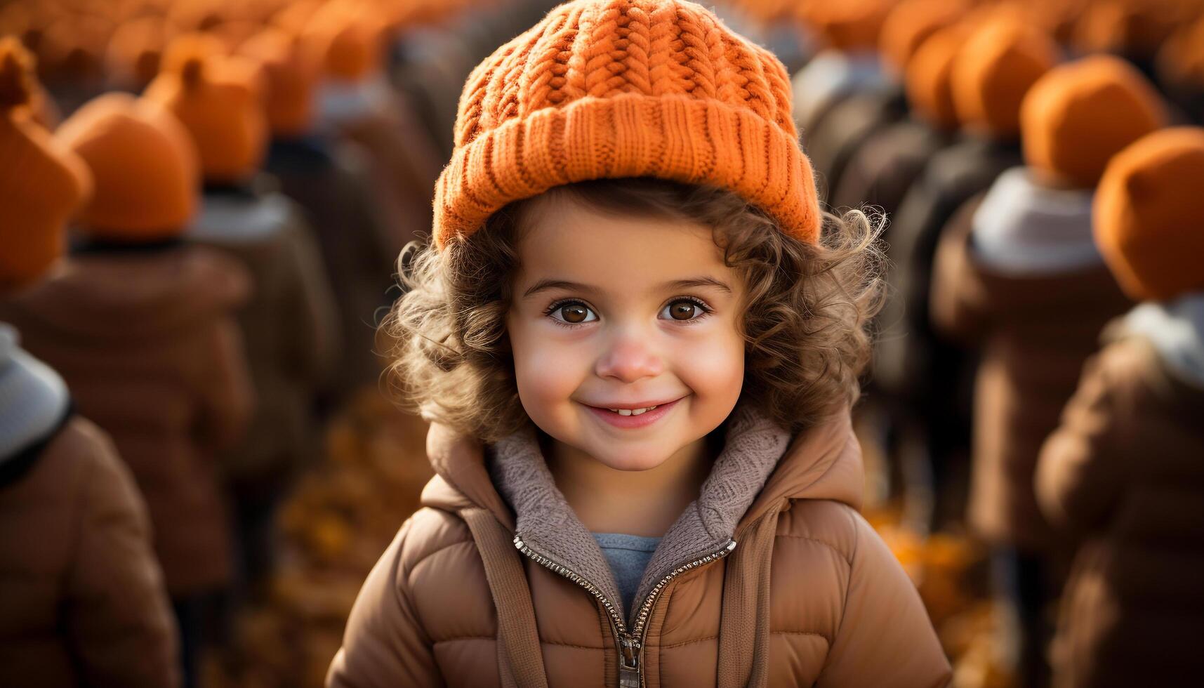 ai generato sorridente bambino giocando all'aperto, godendo autunno, inverno, e natura generato di ai foto
