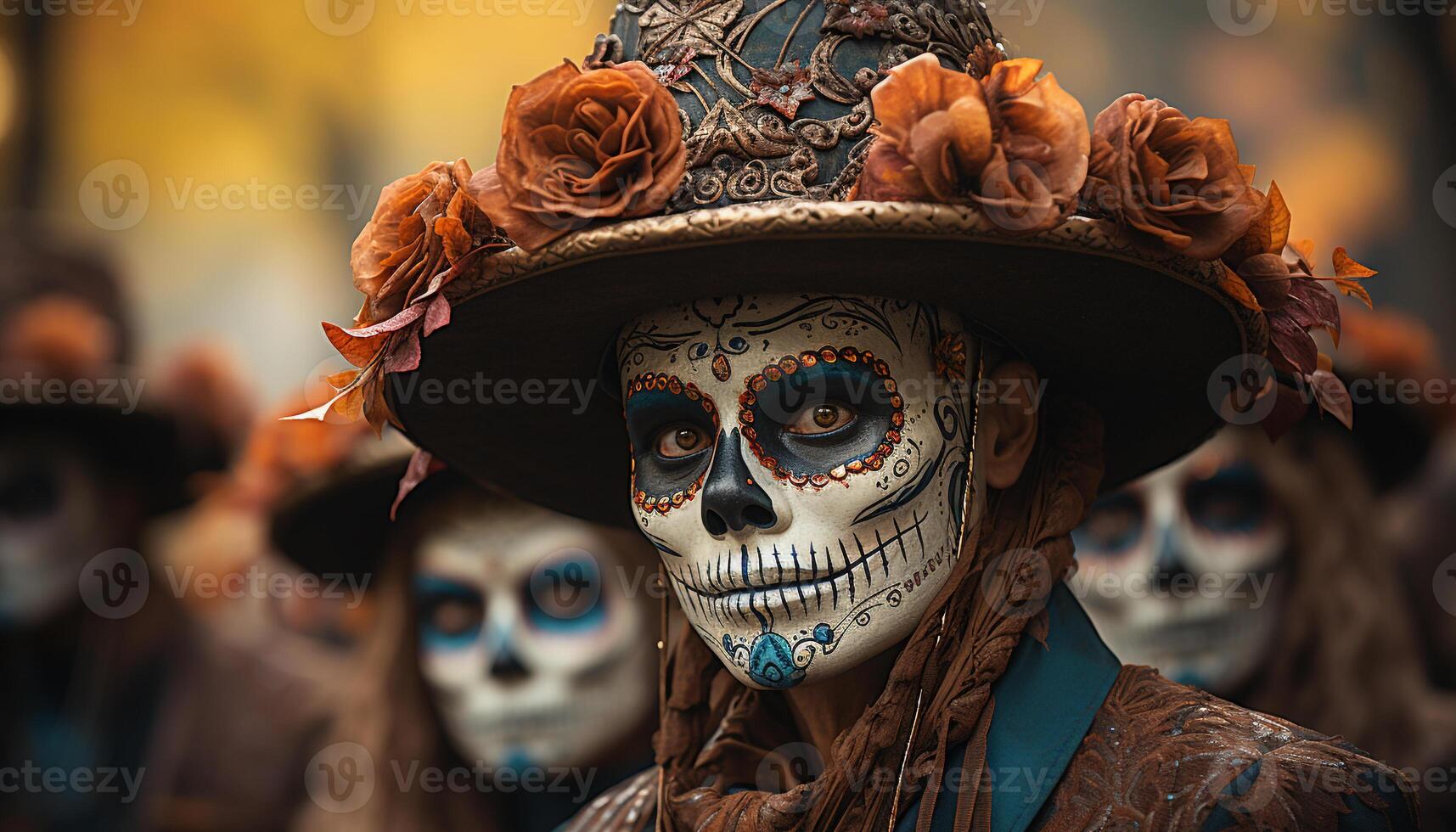 ai generato giorno di il morto celebrazione spaventoso festa, colorato costumi, sorridente facce generato di ai foto