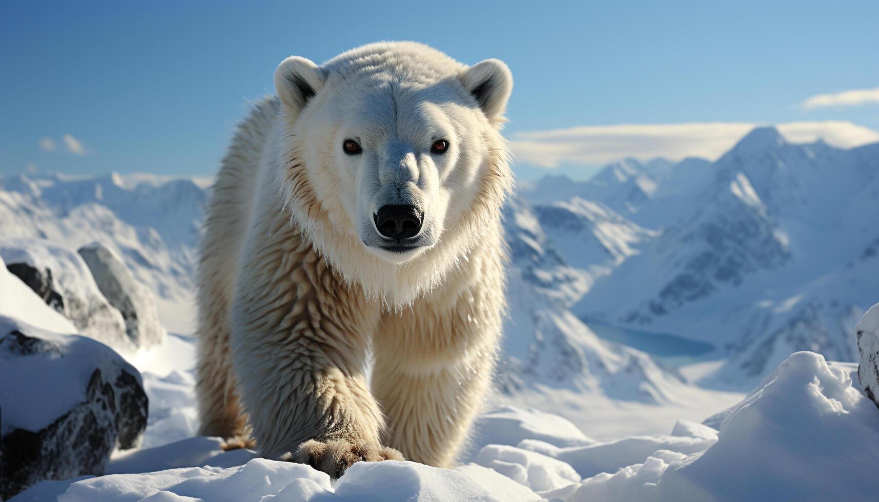 ai generato maestoso artico cane a piedi nel neve coperto montagna paesaggio generato di ai foto