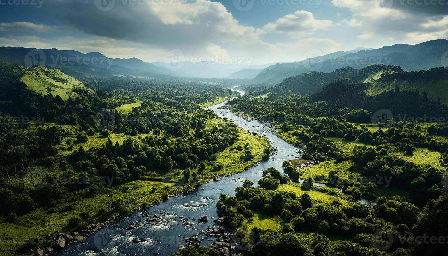 ai generato idilliaco rurale scena verde prato, montagna gamma, tranquillo acqua riflessione generato di ai foto