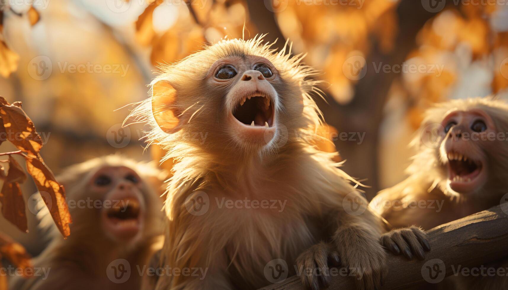 ai generato carino giovane scimmia giocando nel il foresta, bocca aprire, ridendo generato di ai foto