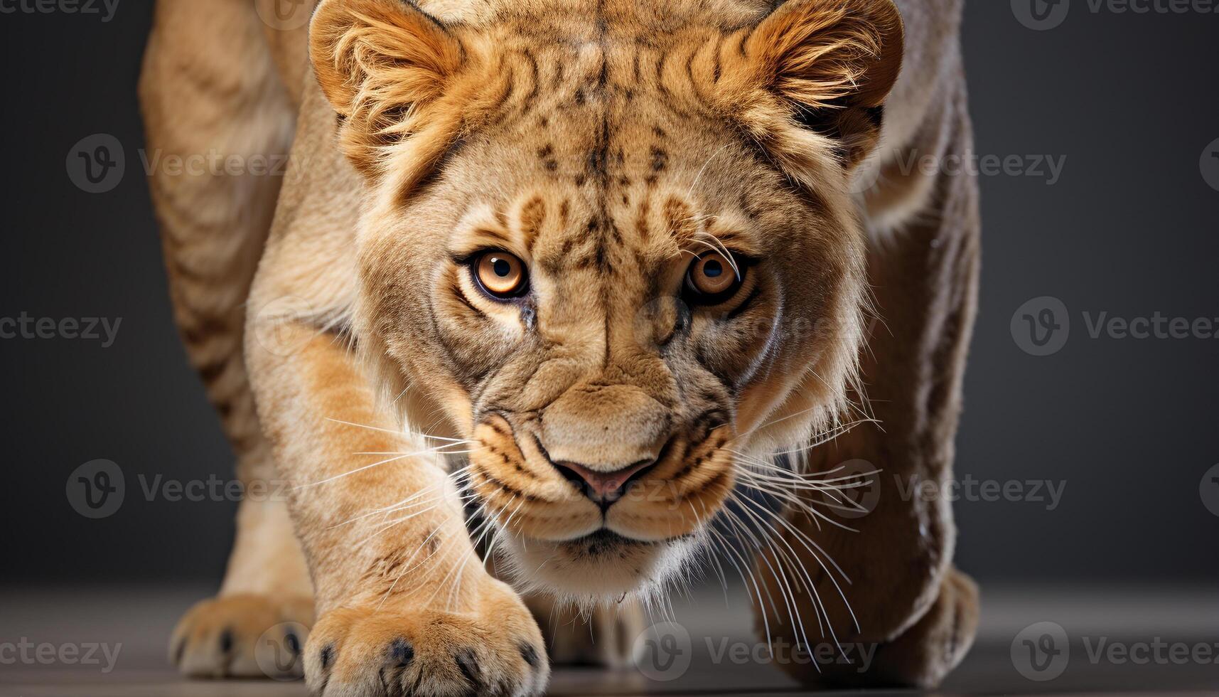 ai generato maestoso leonessa fissando, nascondiglio nel pianura savana, mettere in guardia e pericoloso generato di ai foto