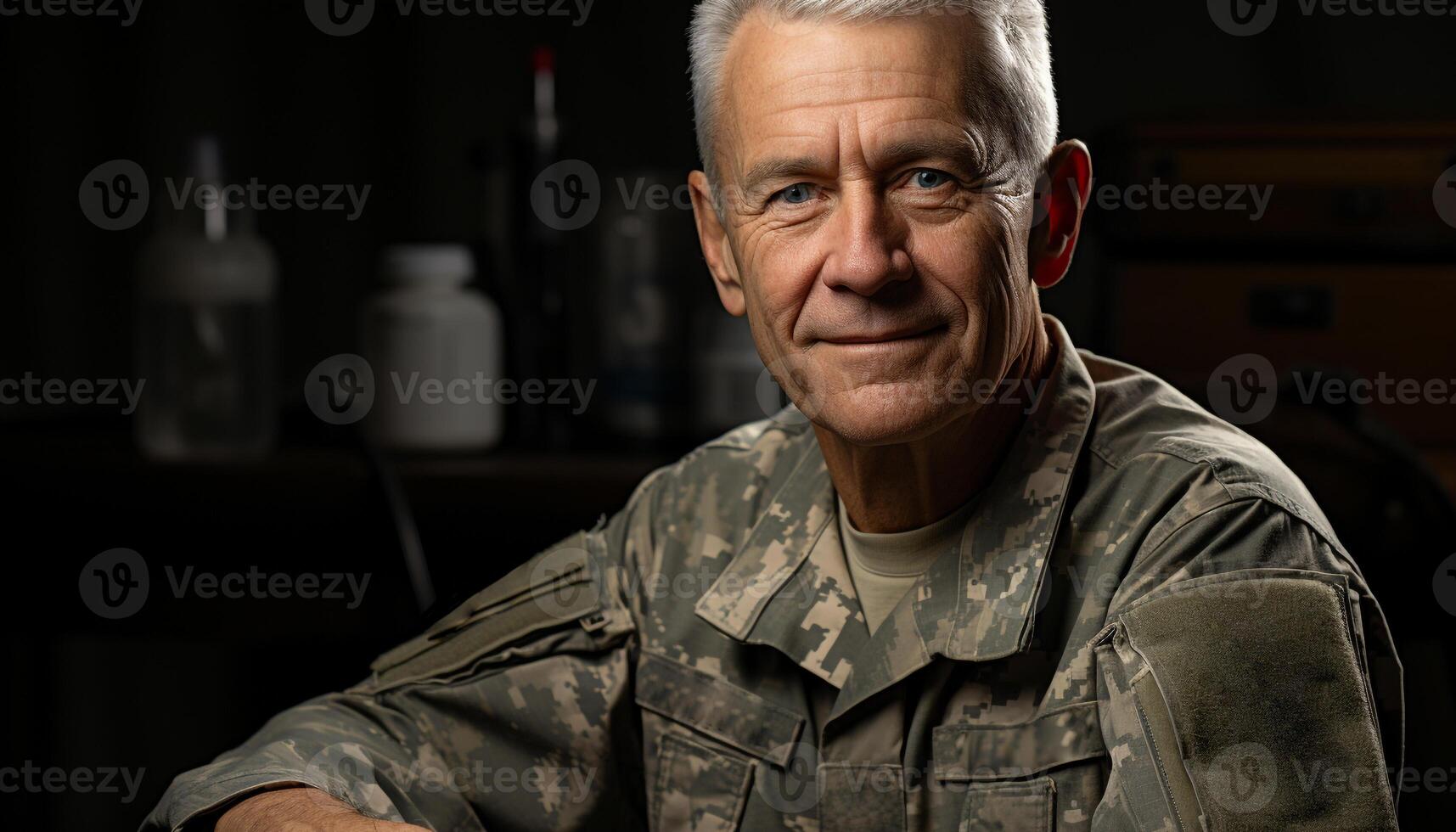 ai generato sorridente uomo nel militare uniforme trasuda fiducia e felicità generato di ai foto