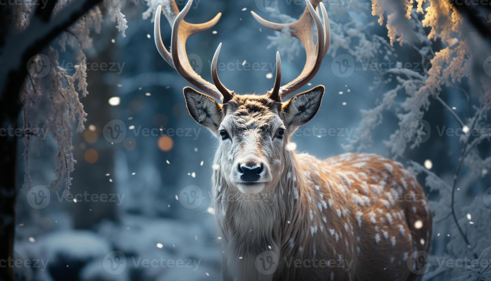 ai generato carino cervo nel inverno foresta, nevicando, guardare a telecamera generato di ai foto