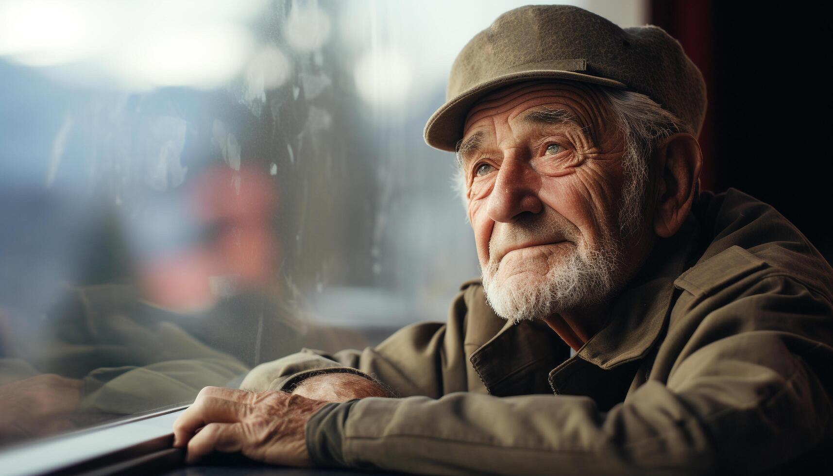 ai generato un' anziano uomo con grigio capelli seduta al chiuso, guardare triste generato di ai foto