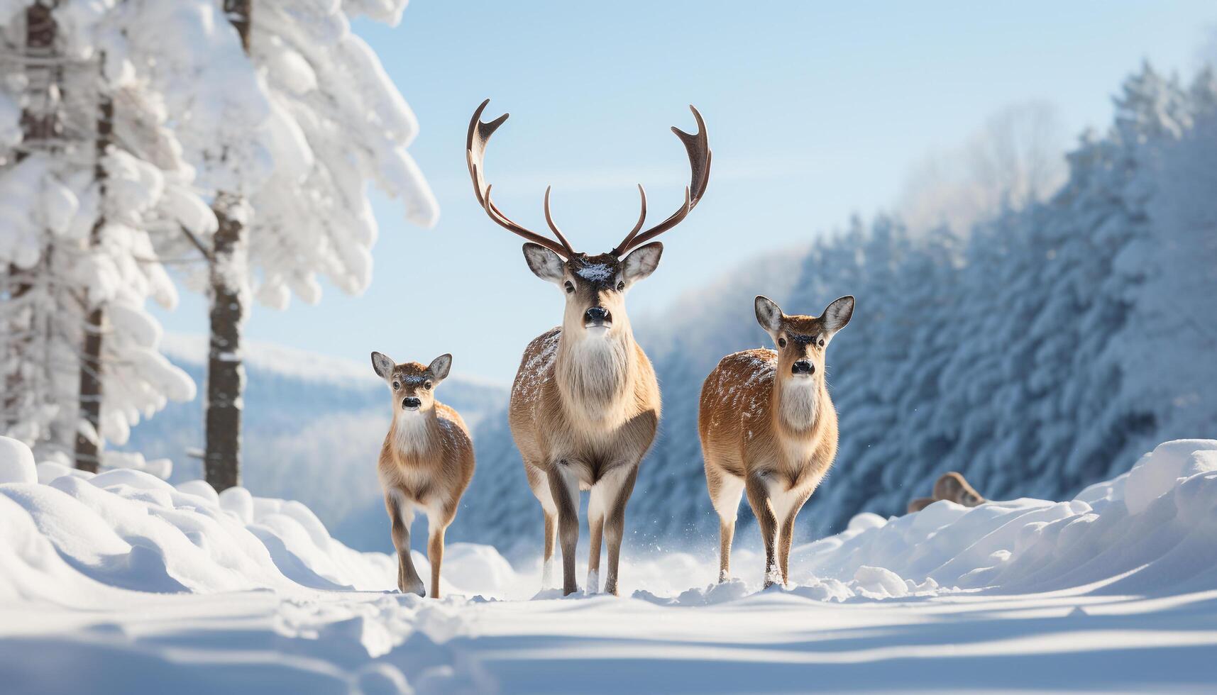 ai generato carino cervo nel inverno foresta, guardare a telecamera, nevicando generato di ai foto