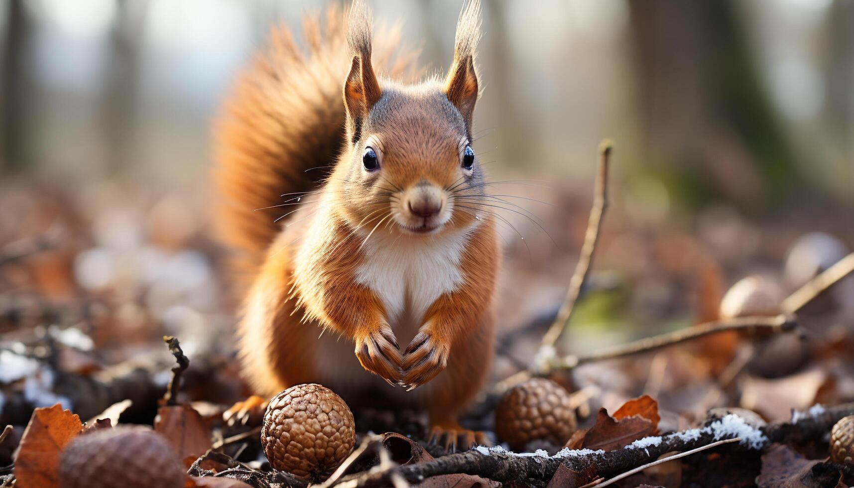 ai generato carino piccolo mammifero seduta su ramo, mangiare ghianda nel autunno generato di ai foto