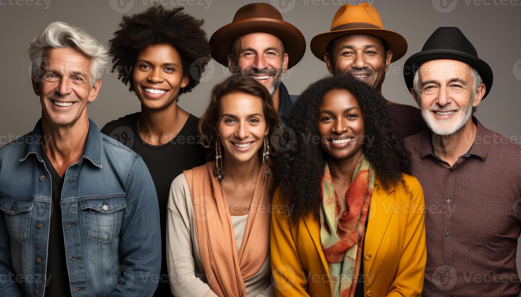 ai generato un' diverso gruppo di adulti sorridente, guardare a telecamera felicemente generato di ai foto