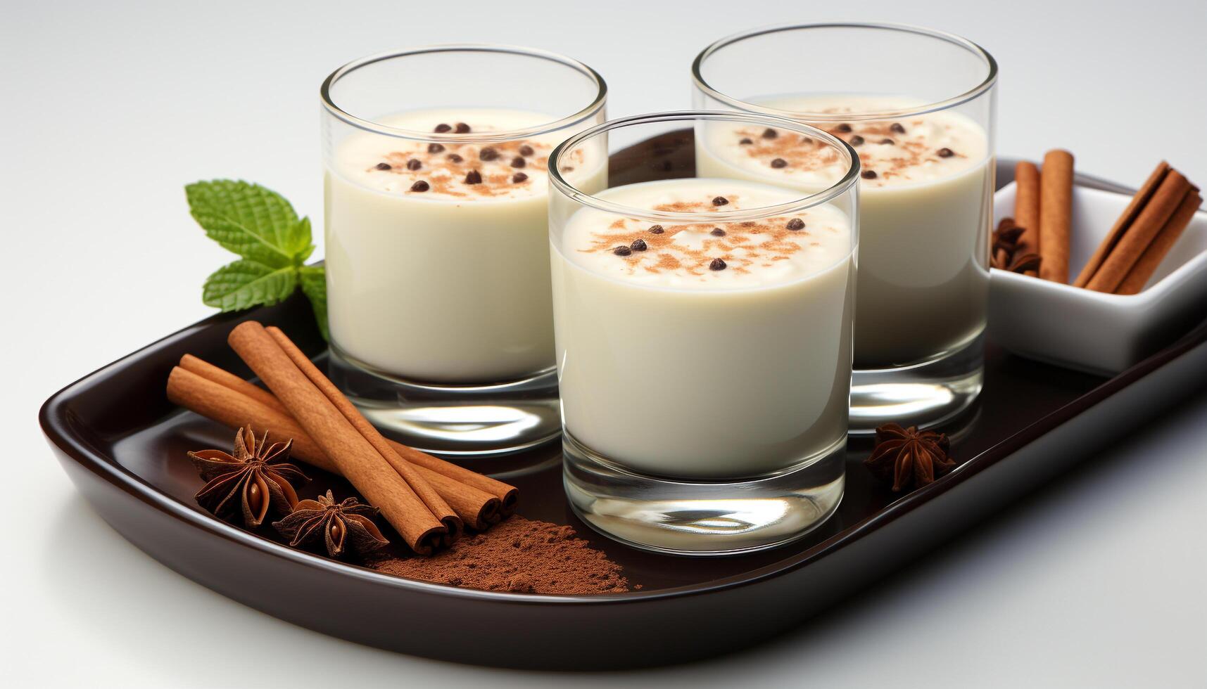 ai generato buongustaio dolce cioccolato mousse, vaniglia Yogurt, menta foglia decorazione generato di ai foto