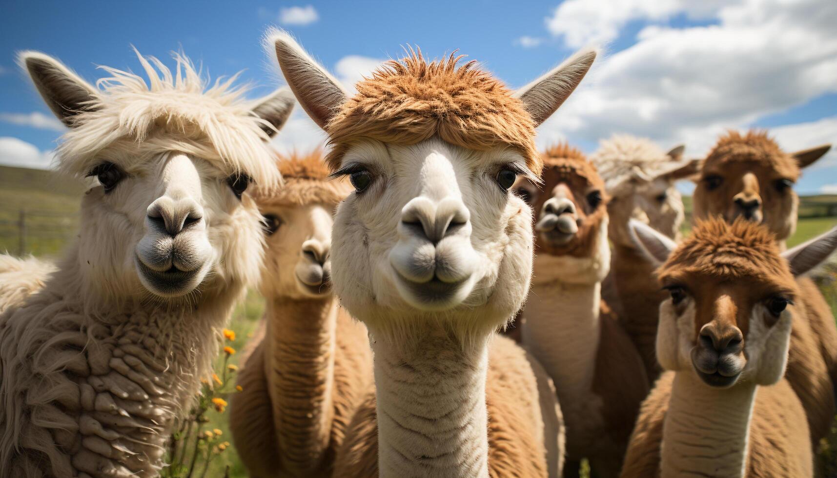 ai generato carino alpaca mandria pascolo nel verde prato, guardare a telecamera generato di ai foto