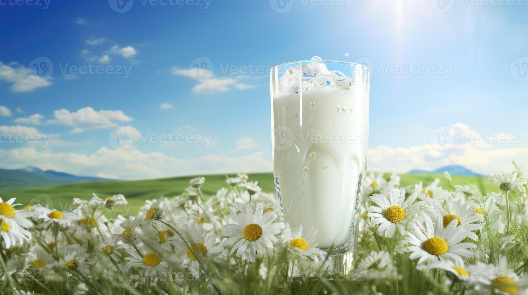 ai generato rinfrescante bicchiere di latte in mezzo margherite sotto estate sole, ai generato. foto