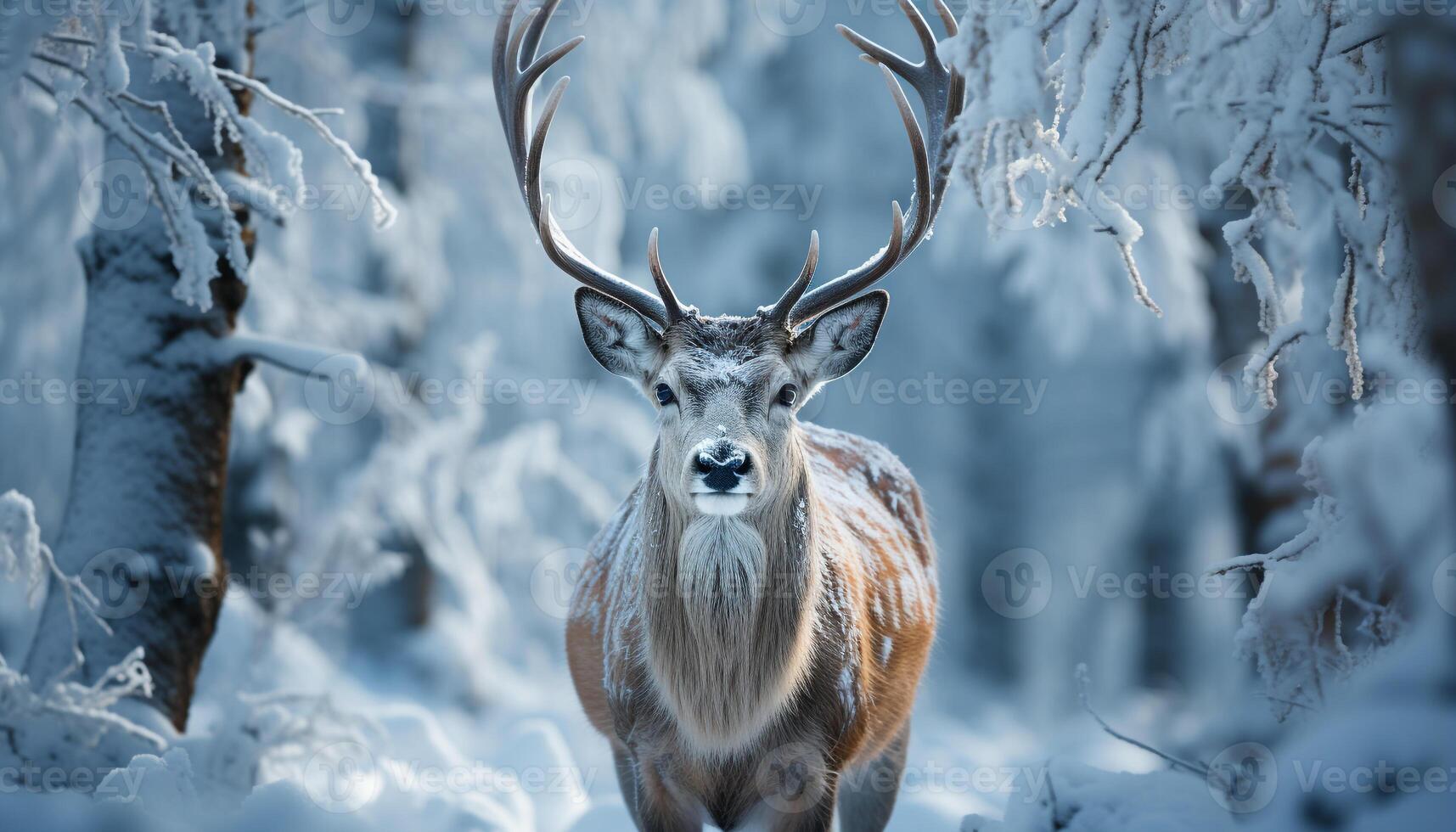 ai generato un' maestoso cervo sguardi, circondato di nevoso natura selvaggia e la tranquillità generato di ai foto