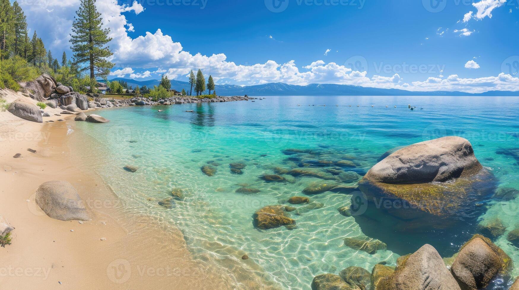 ai generato est riva spiaggia, lago tahoe calma turchese acque sotto il soleggiato cielo. idilliaco, ai generato. foto