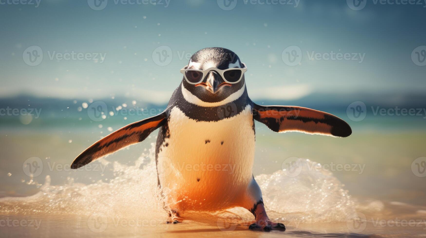 ai generato giocoso pinguino salti su il spiaggia, sportivo elegante occhiali da sole, aggiungendo un' toccare di freddezza, ai generato. foto