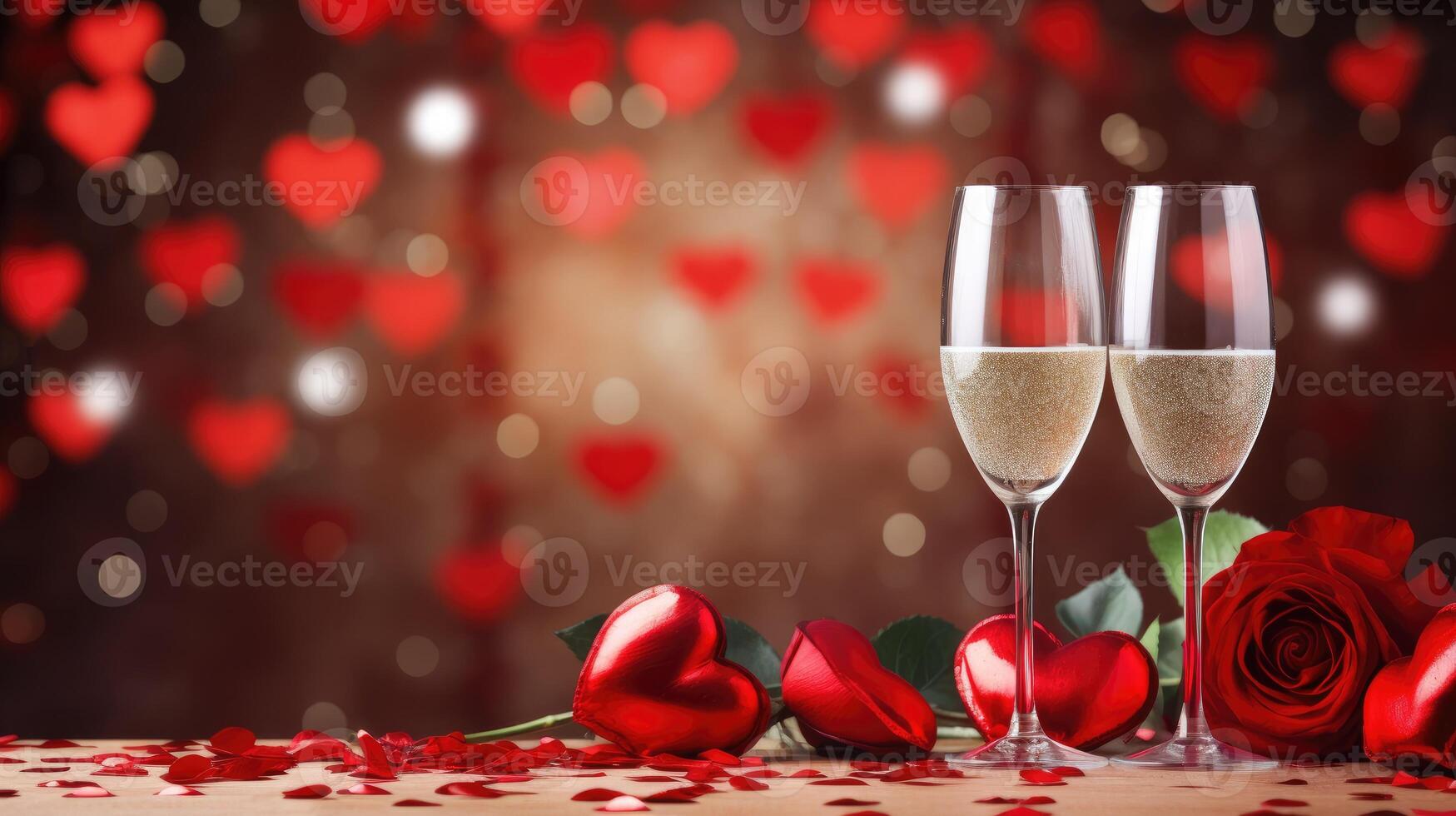 ai generato Due Champagne bicchieri e rosso Rose su un' rosso cuori sfondo per San Valentino giorno. ai generato foto