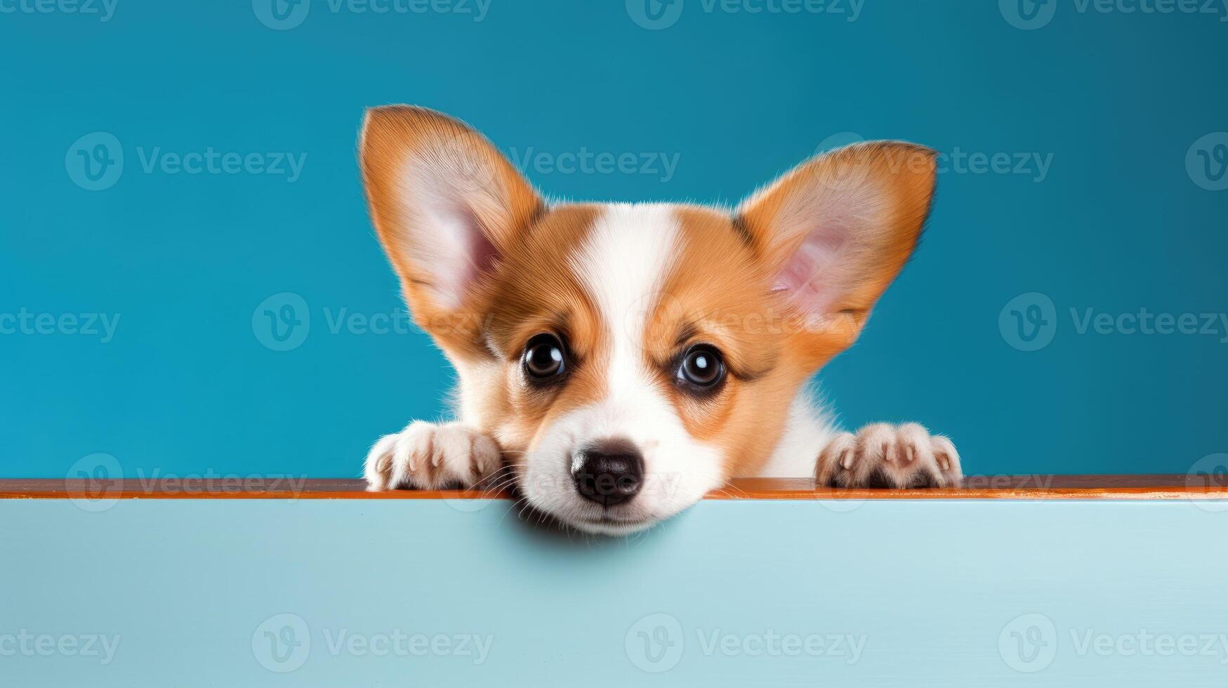 ai generato adorabile corgi cucciolo con grande, sentimentale occhi sbircia al di sopra di arancia tavolo contro blu sfondo, ai generato. foto