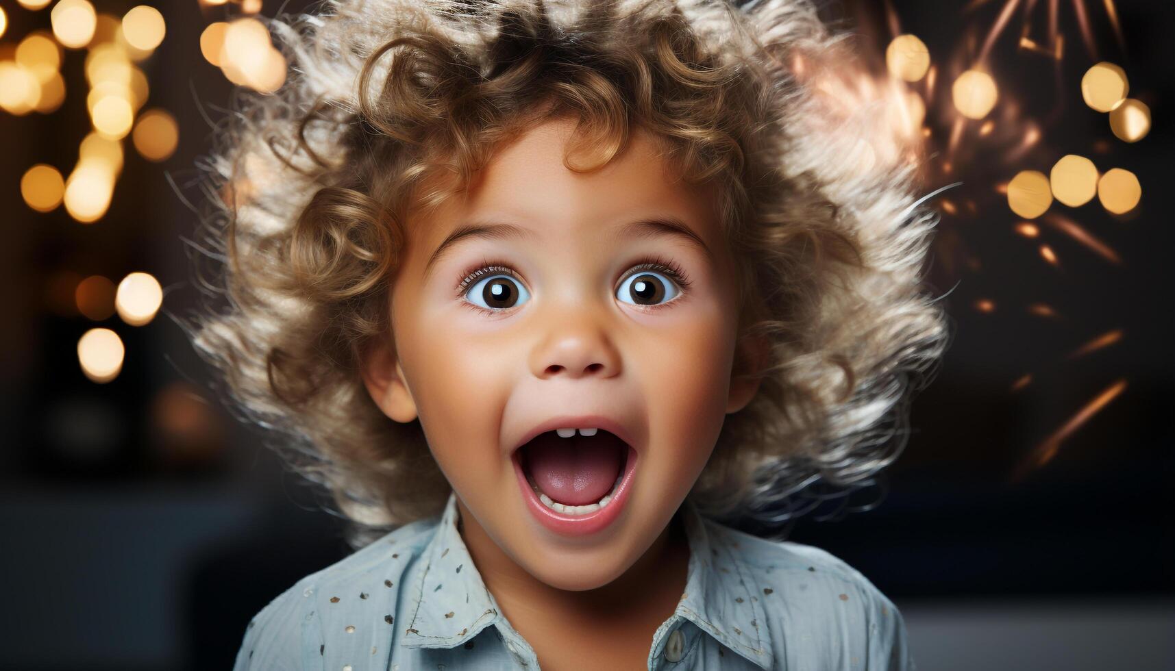 ai generato carino bambino sorridente, guardare a telecamera, festeggiare compleanno in casa generato di ai foto