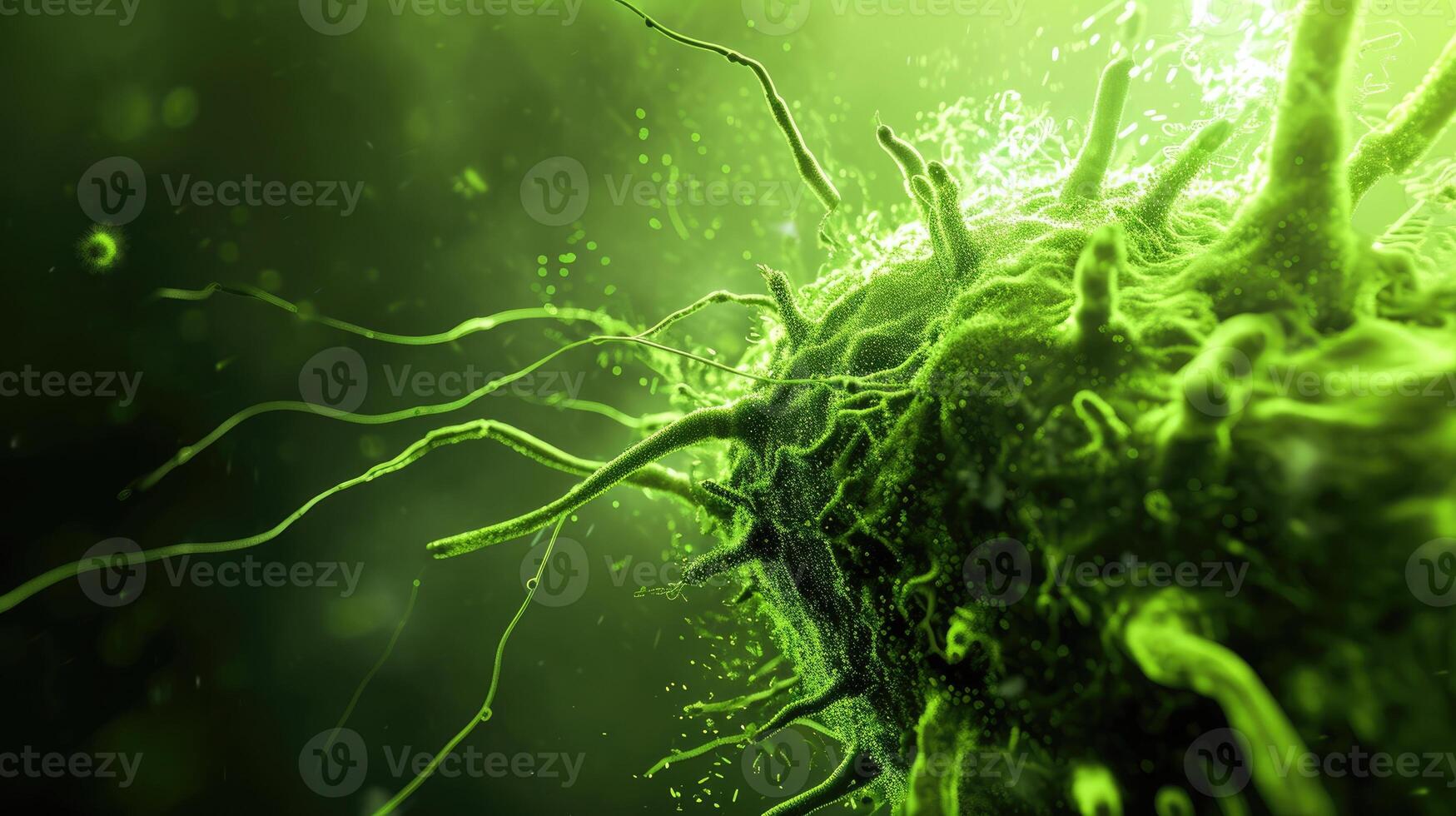 ai generato sinistro verde mostro batteri e virus lanciare un assalto entro il del corpo difese. ai generato. foto