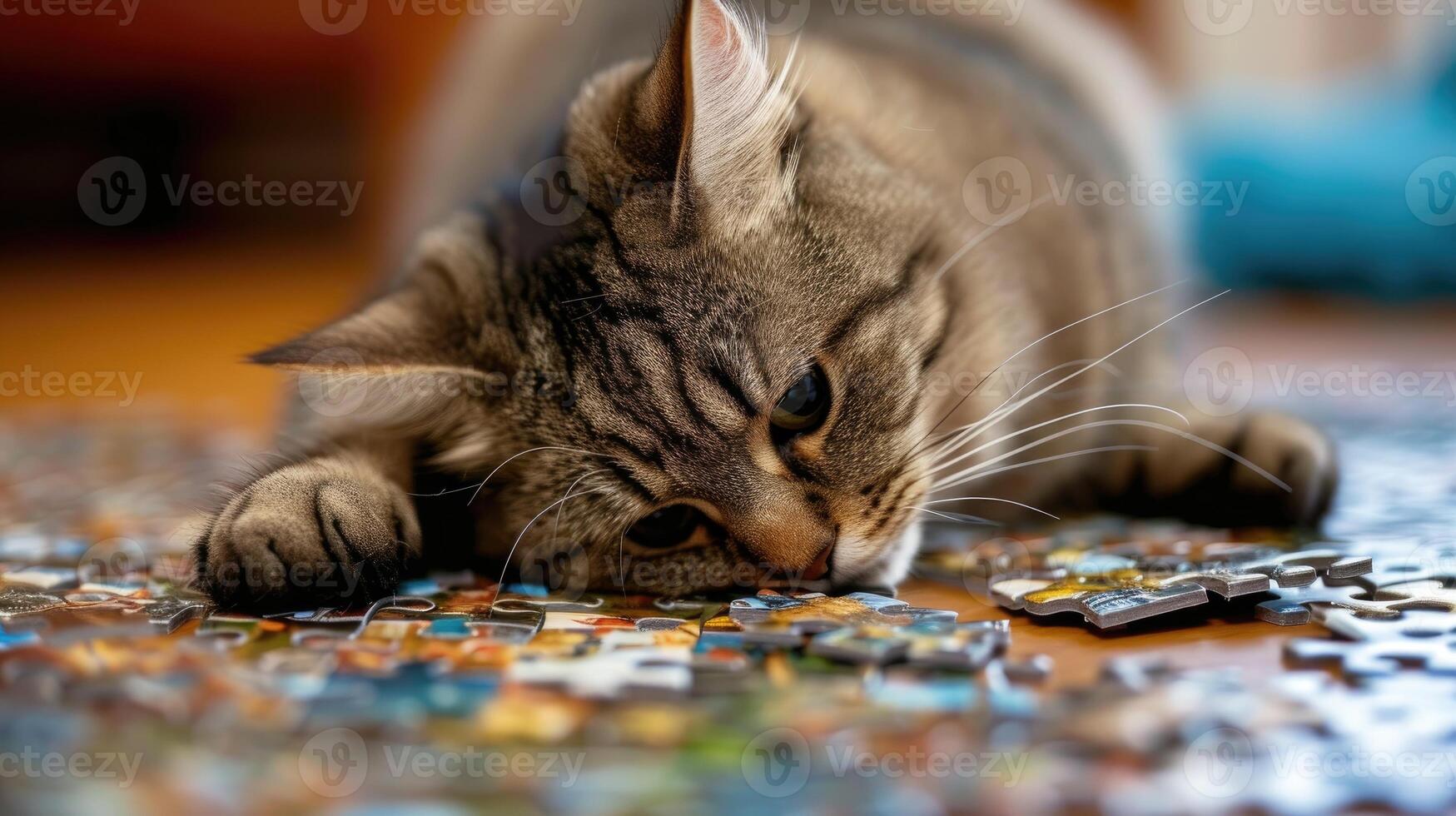 ai generato carino gatto assorto nel un' sega puzzle, aggiungendo un' capriccioso tocco, ai generato. foto