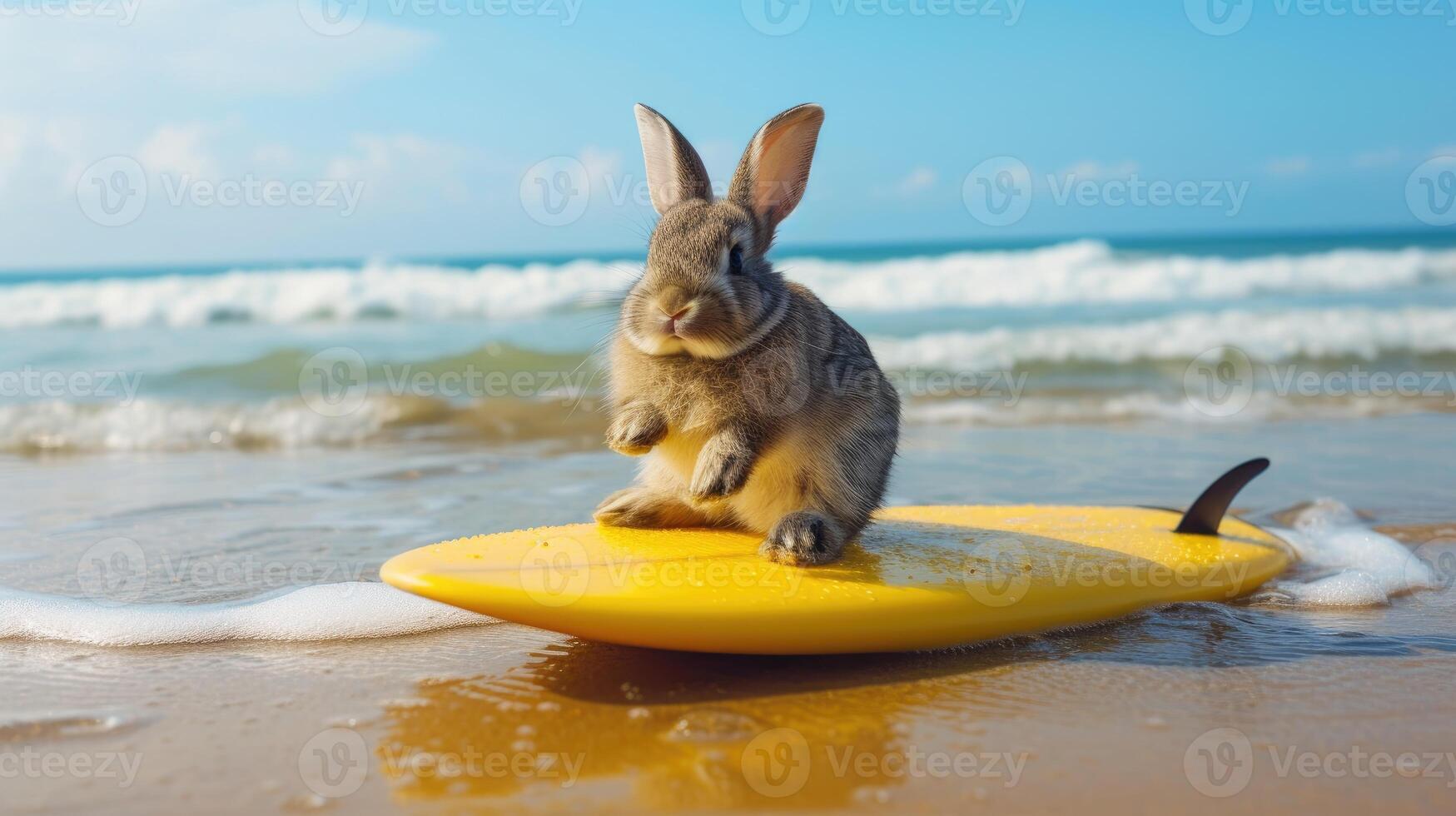 ai generato un' carino coniglio surfer gode un' pieno di divertimento estate giorno a il spiaggia, equitazione onde con entusiasmo, ai generato. foto