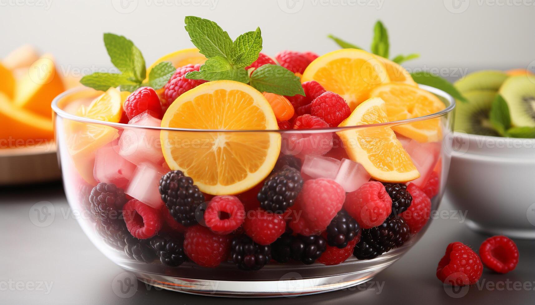 ai generato fresco frutta insalata con lampone, fragola, e mirtillo su di legno tavolo generato di ai foto