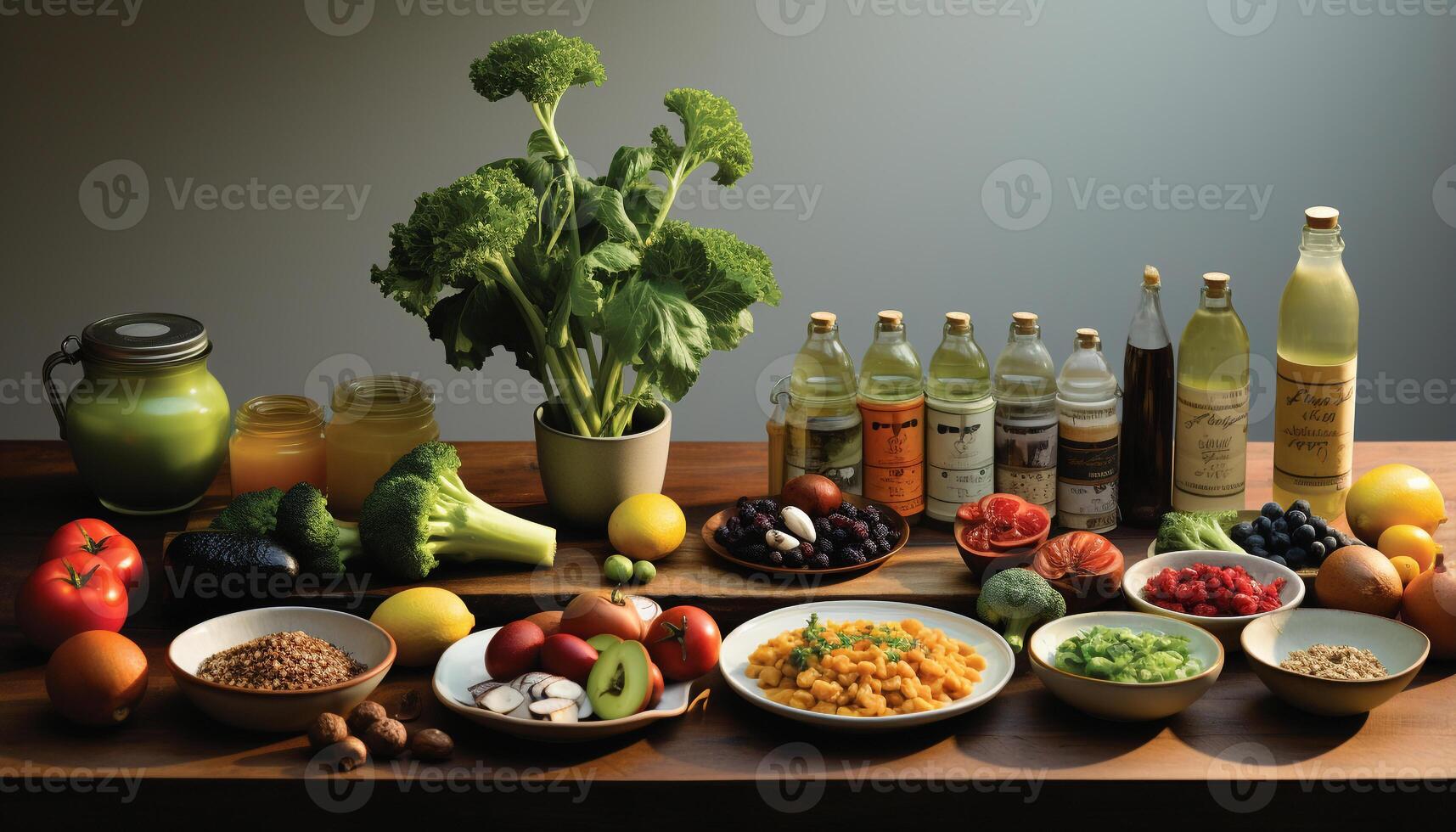 ai generato fresco, salutare insalata un' variazione di la verdura, frutta, e erbe aromatiche generato di ai foto