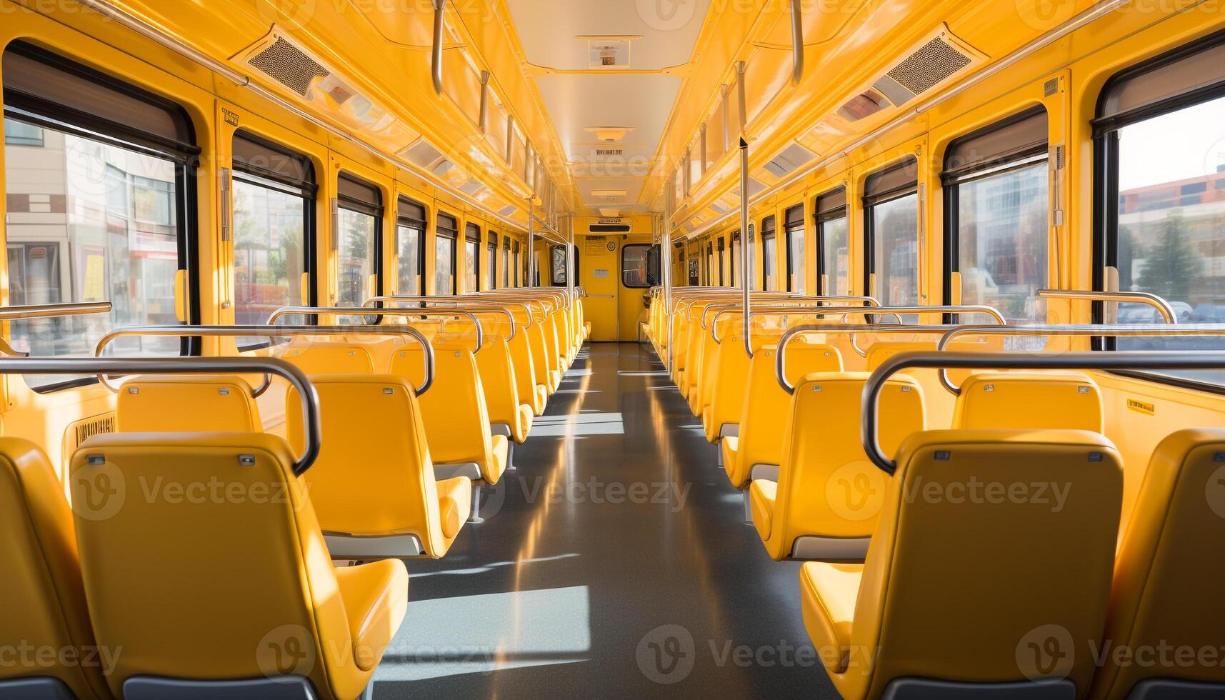 ai generato vuoto autobus posti a sedere dentro un' moderno metropolitana mezzi di trasporto sistema generato di ai foto