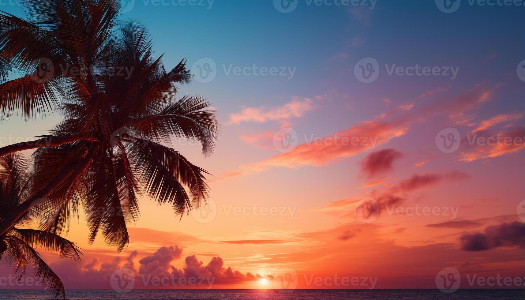 ai generato tramonto al di sopra di tropicale palma albero paesaggio, tranquillo bellezza nel natura generato di ai foto