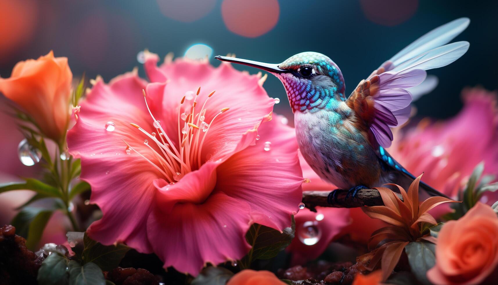 ai generato un' bellissimo colibrì si libra vicino un' vivace viola fiore generato di ai foto