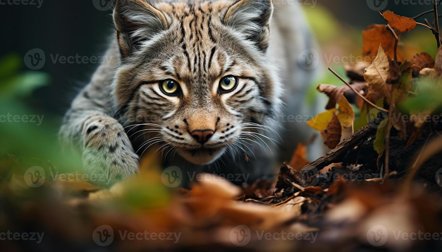 ai generato carino tigre guardare a telecamera, nascondiglio nel autunno foresta generato di ai foto