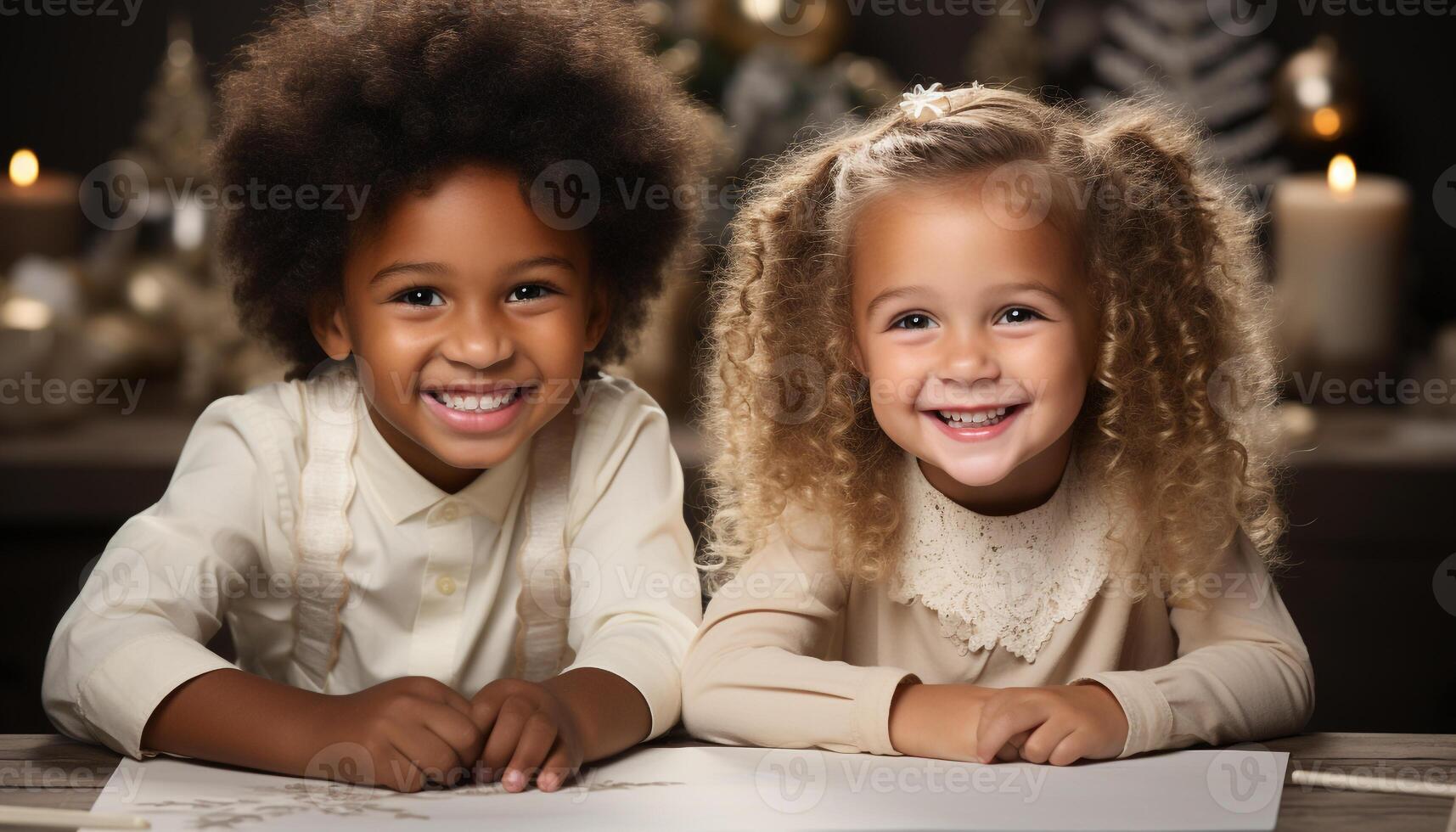 ai generato sorridente ragazze, allegro ragazzi, carino bambini giocando al chiuso, guardare a telecamera generato di ai foto