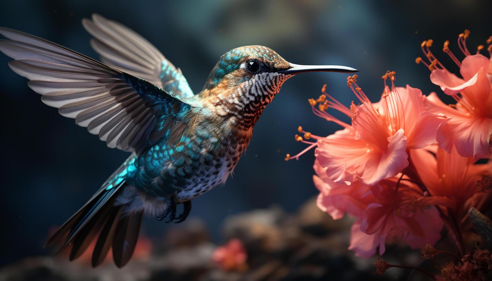 ai generato colibrì aleggia, impollina fiore, in mostra vivace colori nel natura generato di ai foto