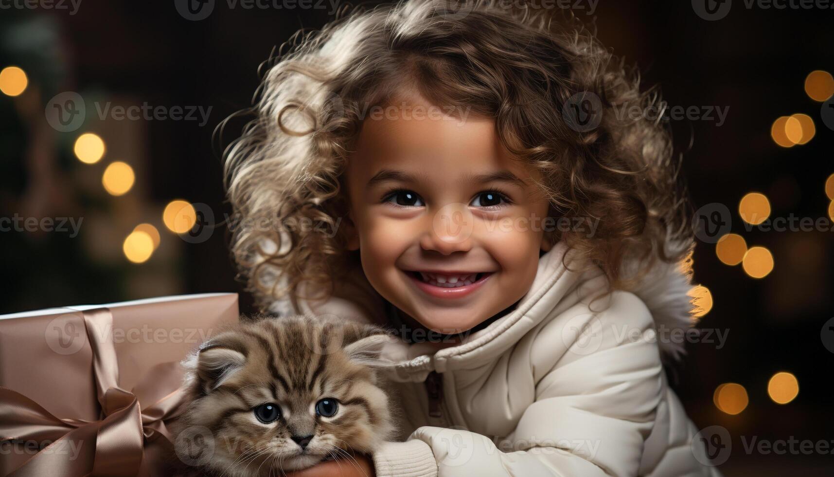 ai generato sorridente bambino con Riccio capelli detiene un' giocoso gattino all'aperto generato di ai foto