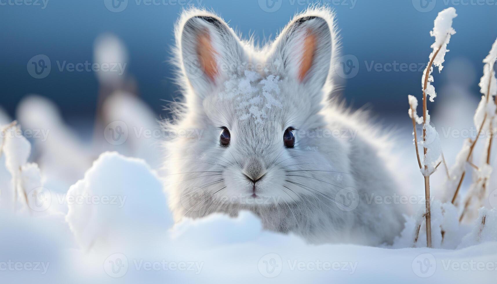 ai generato carino soffice coniglio seduta nel il neve, guardare a telecamera generato di ai foto