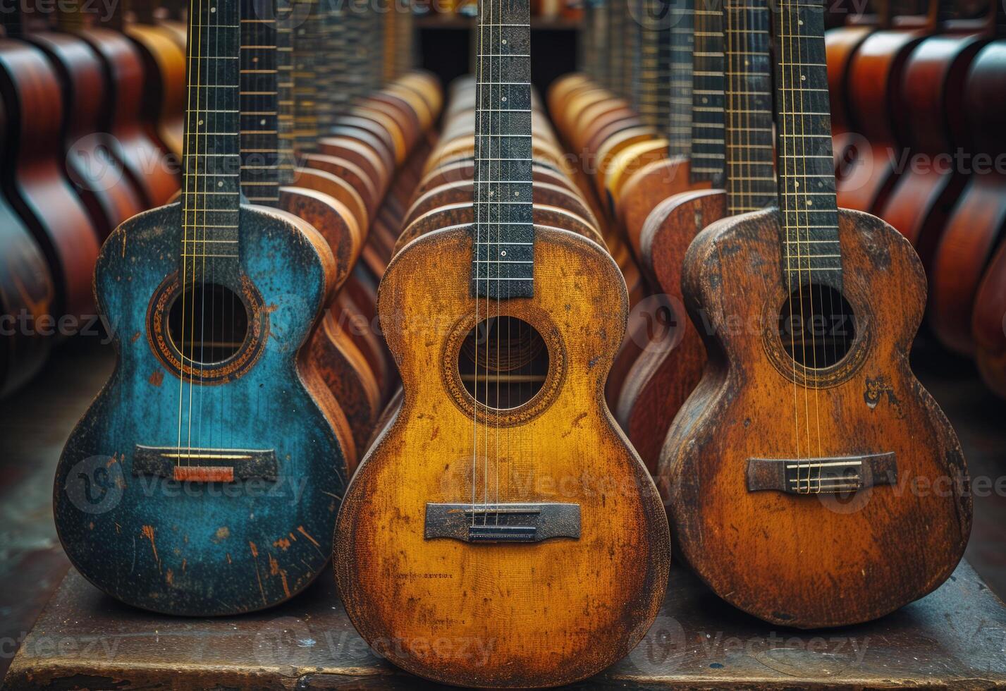 ai generato alcuni acustico chitarre nel righe a un' musica negozio. un' collezione di chitarre foderato su nel un ordinato maniera, in mostra vario colori e stili. foto