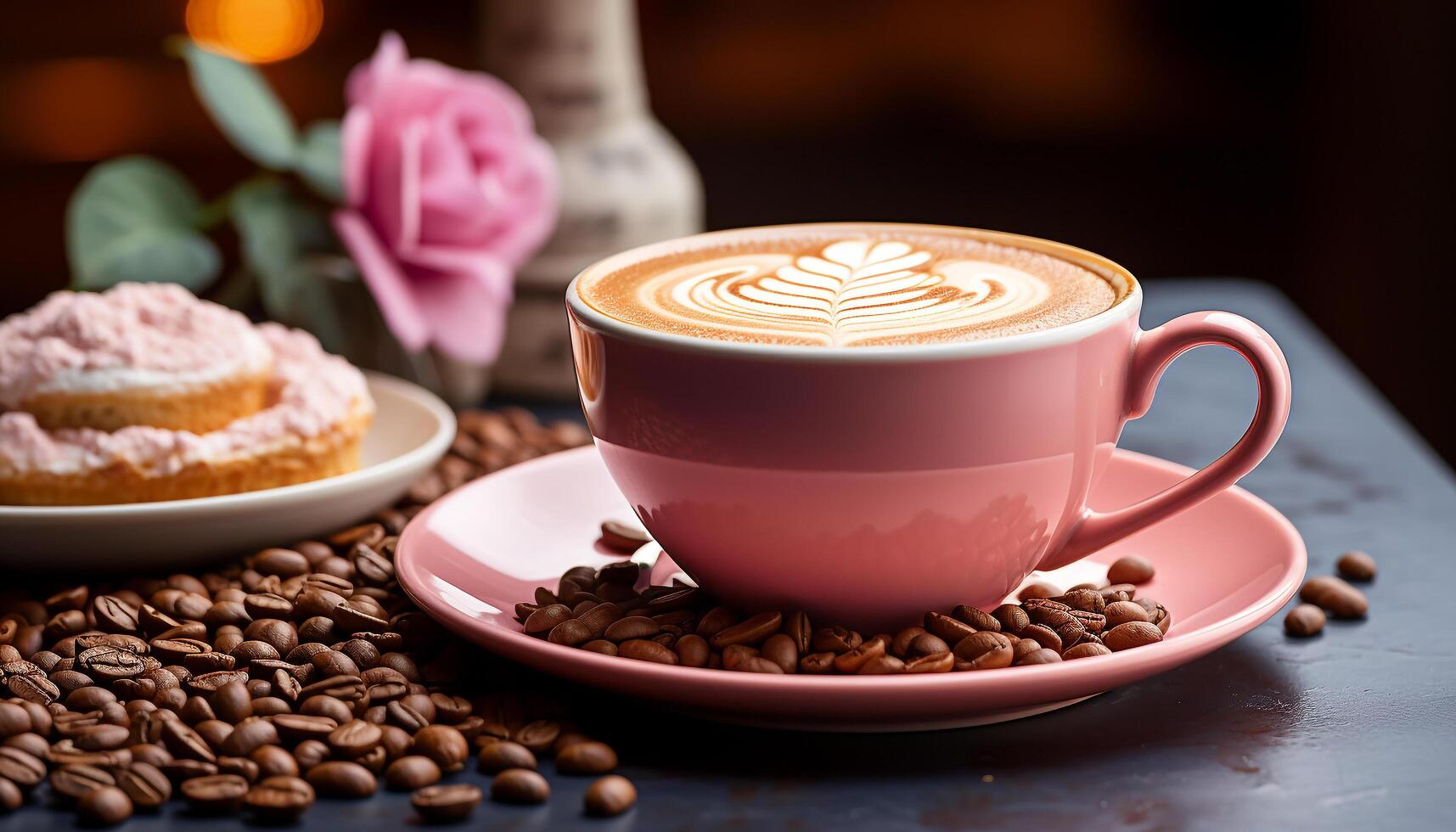 ai generato fresco caffè tazza su legna tavolo, schiumoso cappuccino con latte macchiato arte generato di ai foto