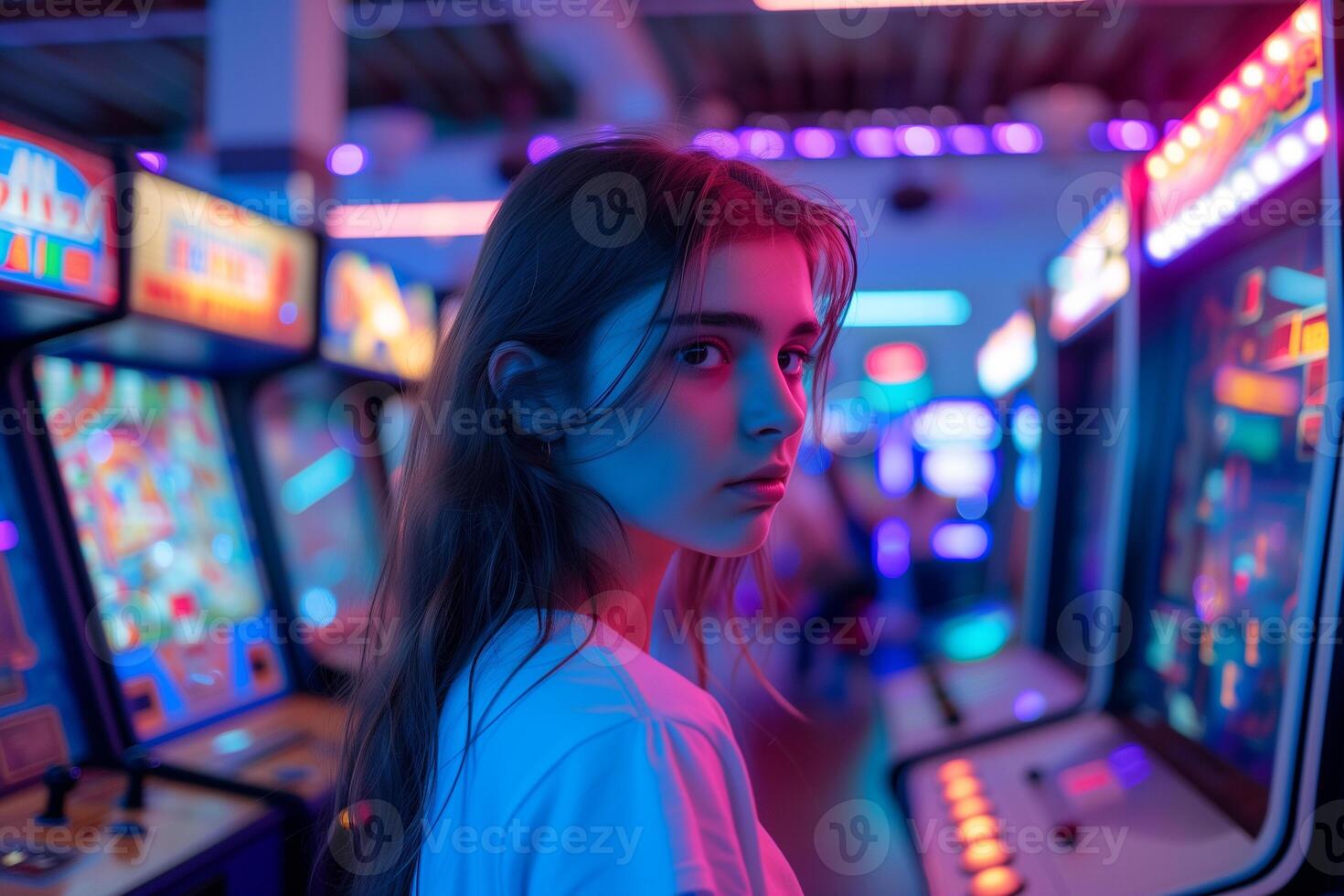ai generato un' ragazza giocando nel un' retrò gioco centro con neon luci e portico macchine foto