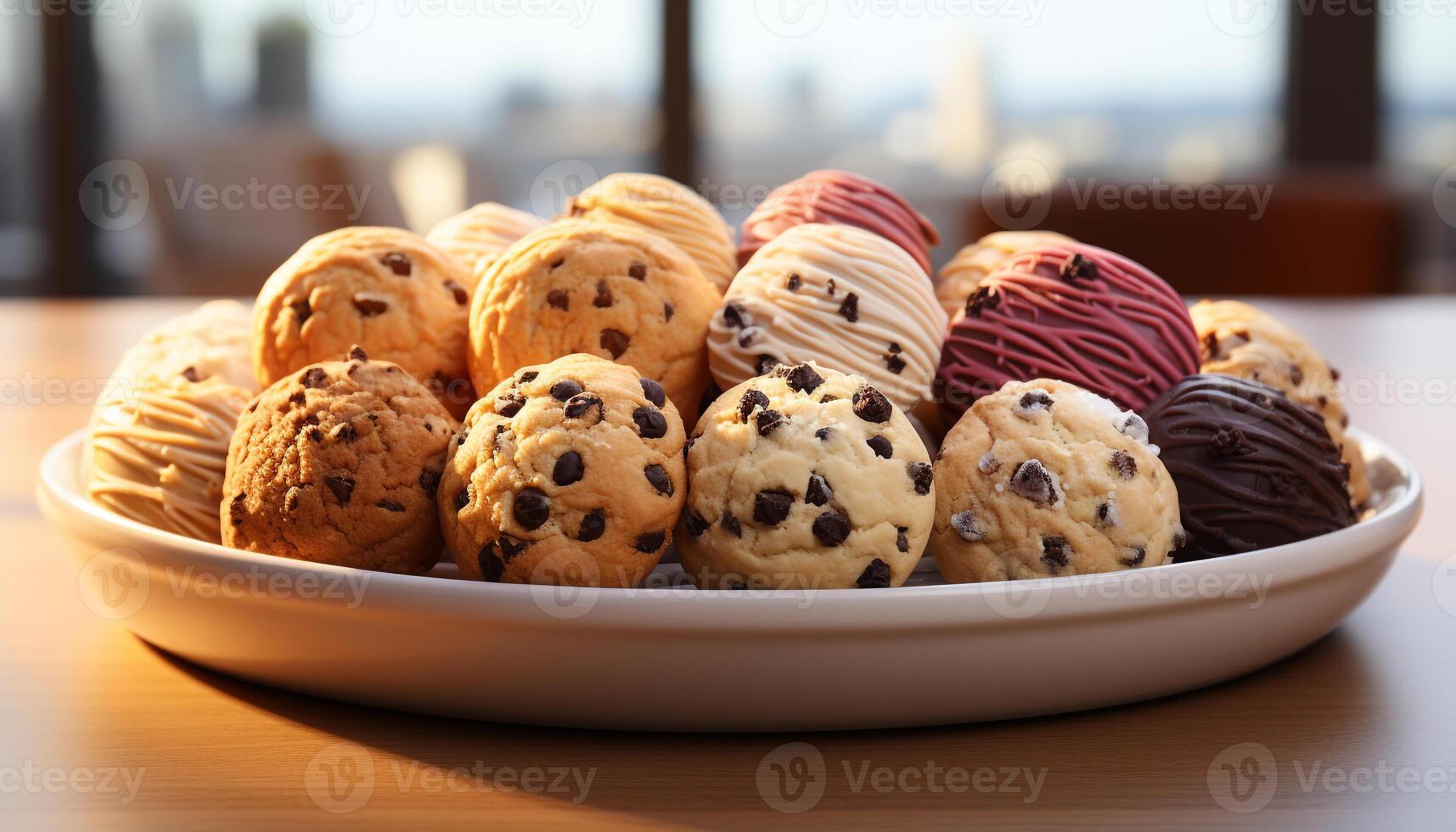 ai generato un' fatti in casa buongustaio dolce cioccolato patata fritta biscotto pila su tavolo generato di ai foto