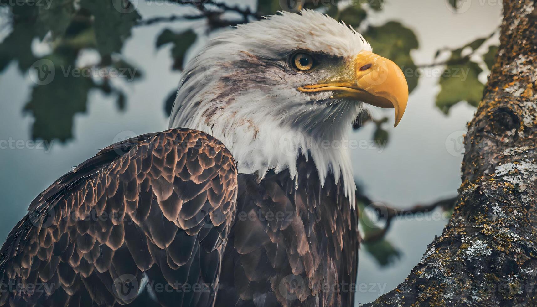 ai generato avvicinamento di un' Calvo aquila riposo su albero foto